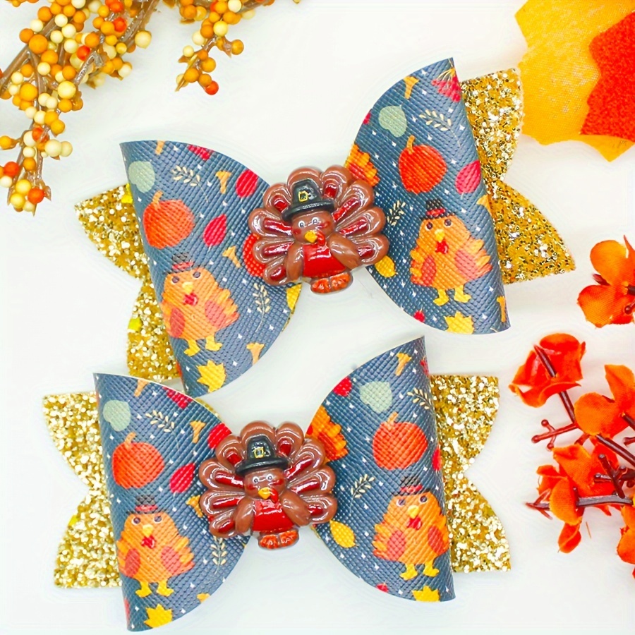 

2pcs Festive Thanksgiving Hair Bows With Turkey & Pumpkin Design, Glitter Accents, Green Polyester & Plastic Hair Clips For Girls, Suitable 15+ - Party Hair Accessories