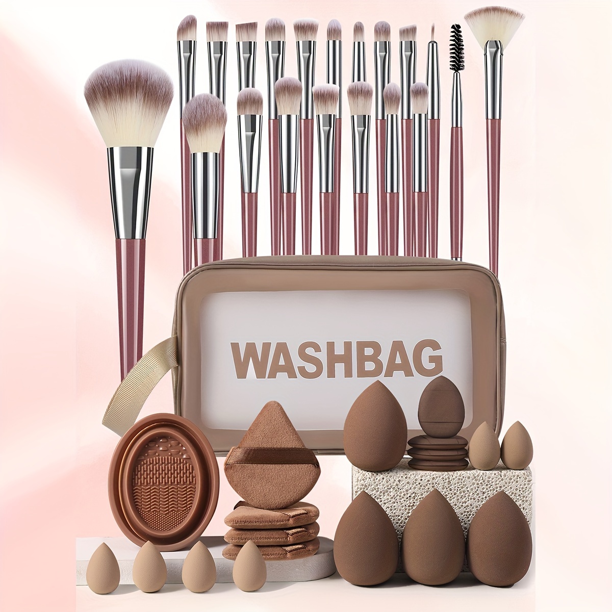 

40pcs Facial Tool Set, 20 Brushes & Bag & 4 Sponges & 4 Fan-shaped Powder & 6 & 4 Powder & Bowl