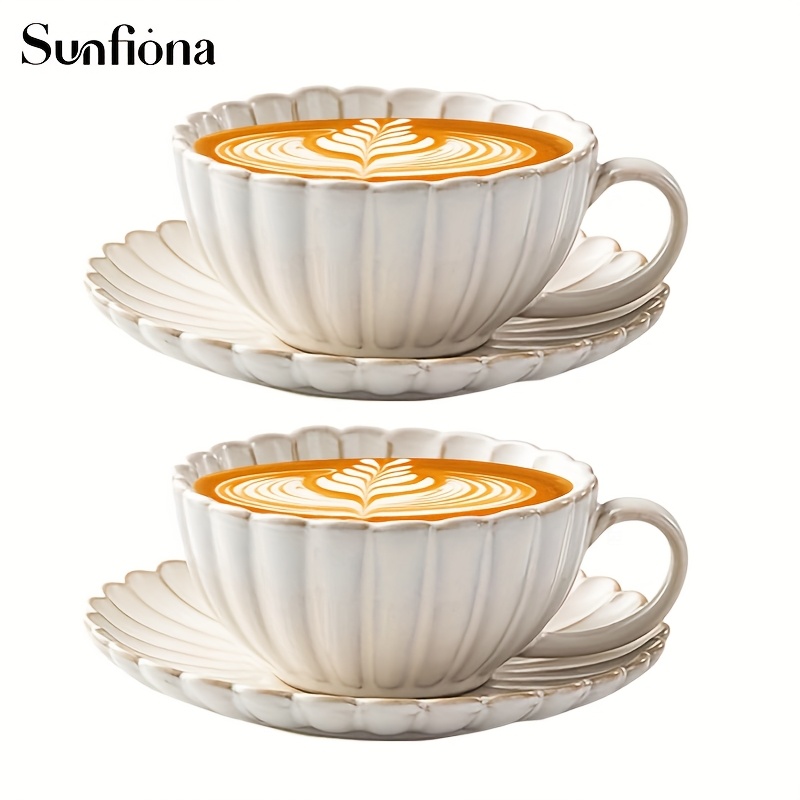 Image of Sunfiona 2pcs Floral Ceramic Coffee Cup And Saucer Set, Latte Cup, Oatmeal Cup, Cappuccino, Vintage Ceramic Cup, Dishwasher Safe, Mother's Day Gift