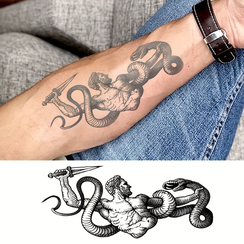 

Oblong Temporary Tattoos, Warrior With Sword And Snake Design, Large Size For Arms Or Legs, Long-lasting Waterproof, 15 Days Durability, Cool And Bold Look For Men