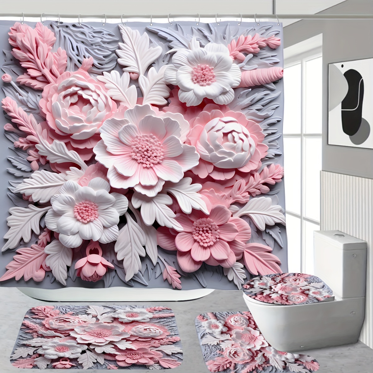 

3d Floral Design Polyester Shower Curtain Set With Non-slip Bath Mat, Toilet Cover, And 12 Hooks - Waterproof, No , Cordless, Woven Forest Theme Bathroom Decor (72"x72")