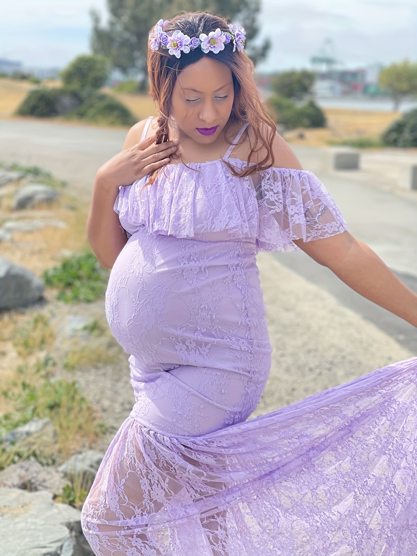 lace maternity gown a trailing hem short sleeves women's - Temu Mexico