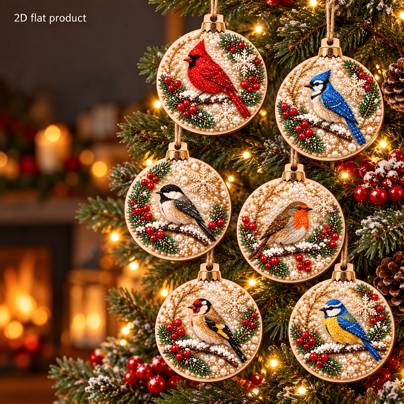 TEMU Lot de 6 pièces Étiquette pendentif en bois à peindre au diamant et perles DIY, motif plat 2D cardinal et de Noël, impression HD de 3,15 pouces,