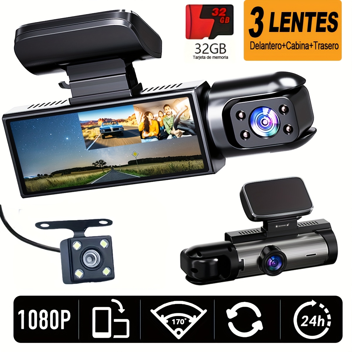 Cámara Para Coche De 3 Canales | Dashcam Frontal, Interior Y Trasera | Grabación En 1080p | Con Sensor De Gravedad