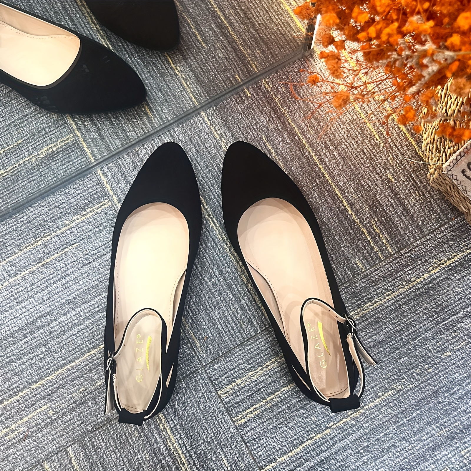 womens dress flats ballet low wedge round toe ankle strap - Temu