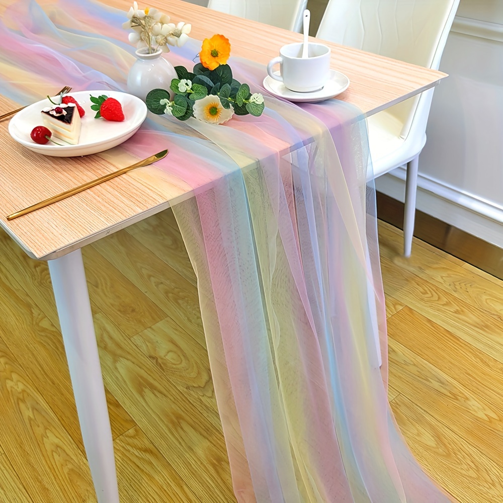 

Rainbow Gradient Sheer Table Runner - Polyester, Rectangular, Woven Mesh Fabric For Wedding, Country Casual Coffee Tables, Kitchen Dining Decor, Tv Stand & Cabinet Home Accent - 1pc
