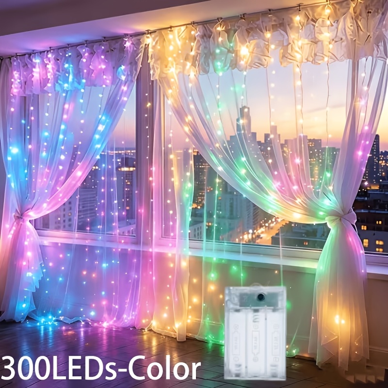 TEMU Cortina de luces de de 1 paquete de 3 m × 3 m, 300 LED a pilas, de luz: //multicolor, 8 de iluminación, decoración de ventana para dormitorio, ,