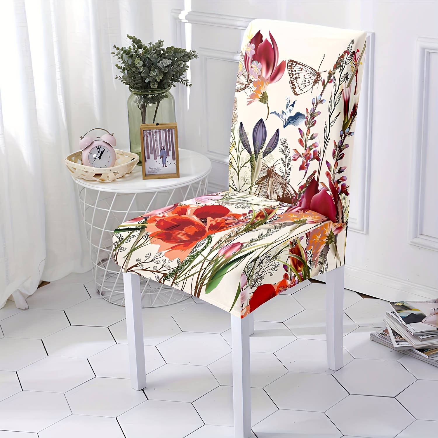 

4/6pcs Flower Butterfly Pattern Chair Slipcovers, Stretch Dining Chair Cover, Furniture Protective Cover, For Dining Room Living Room Office Home Decor