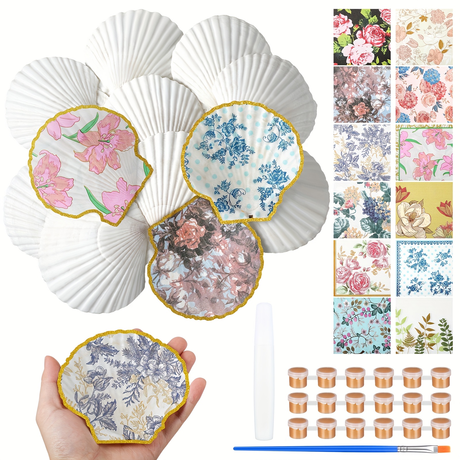 12 Large Scallop Shells With 24pcs Paint Strips & Brushes - Diy Craft Seashells For Vase Fillers, Decoupage, Paintable Ornaments For Home Decor, Wedding, Parties - Suitable For Arts & Crafts