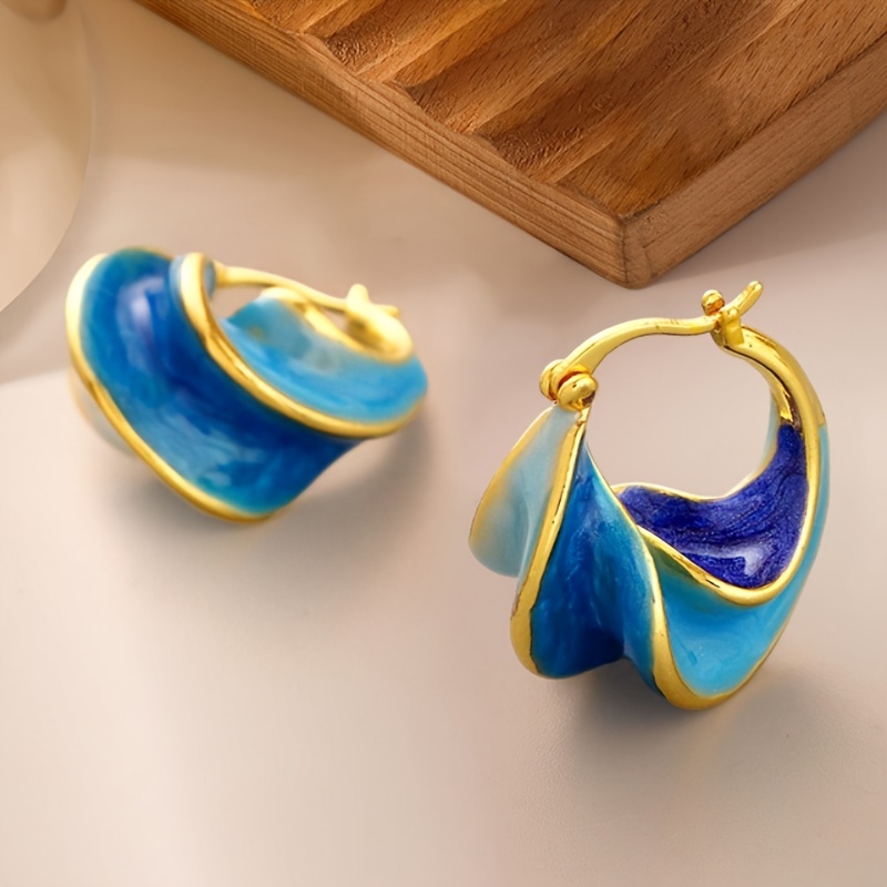 

Elegant Vintage Enamel Glaze Blue Spiral Pattern Hoop Earrings, Retro Style Fashionable Ladies Party Everyday Casual Distinctive Earrings