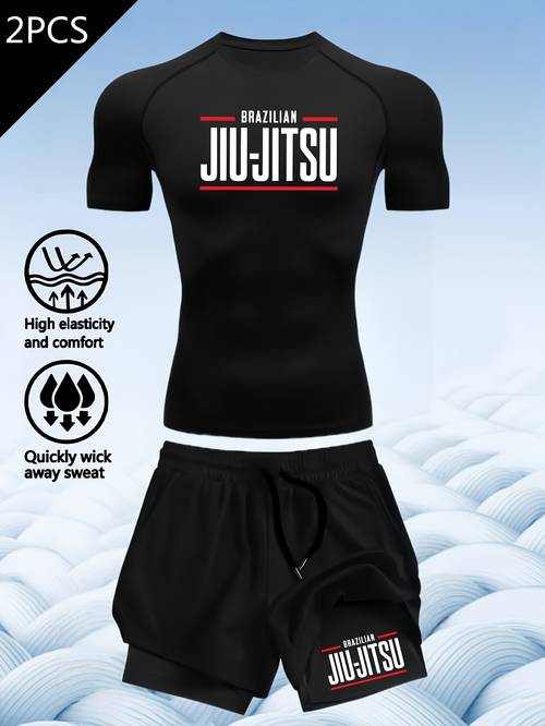 2pcs mens compression suit quick dry high gym training outfit with shaping t shirt shorts moisture wicking full coverage athletic wear suitable for bjj mma running cycling gym for spring summer autumn