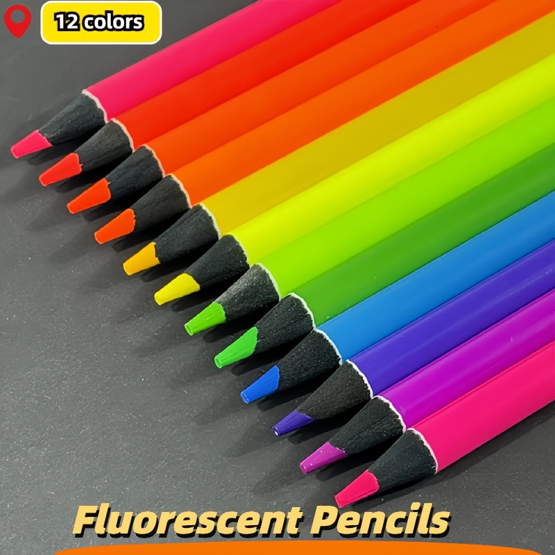 TEMU Set Of 12 Vibrant Neon Pencils Ideal For Adult Coloring Books, Featuring A Fluorescent Drawing Pencil Collection Perfect For Novices And