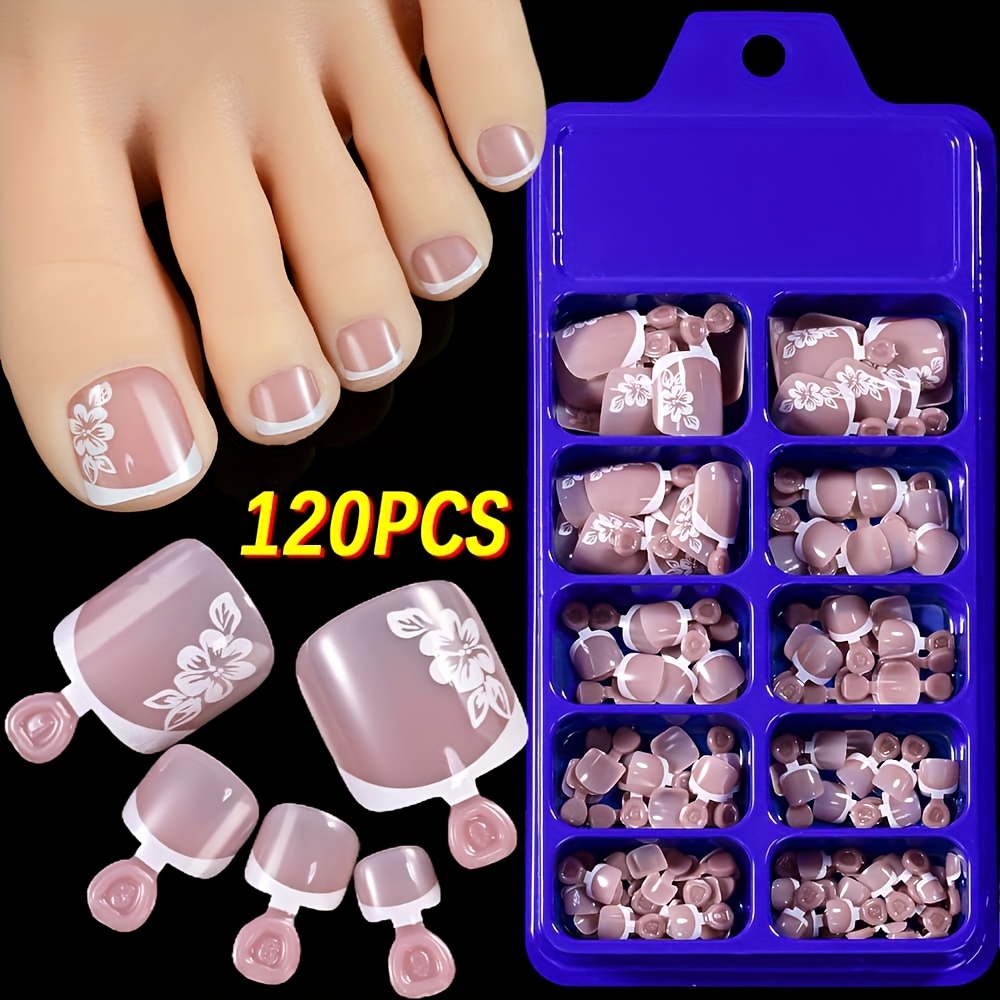 TEMU 120pcs Floral Print Short Square Press-on Toenails Set - Nude Pink Full Cover Summer French Style False Toenails Tips, Nail Art Additions For