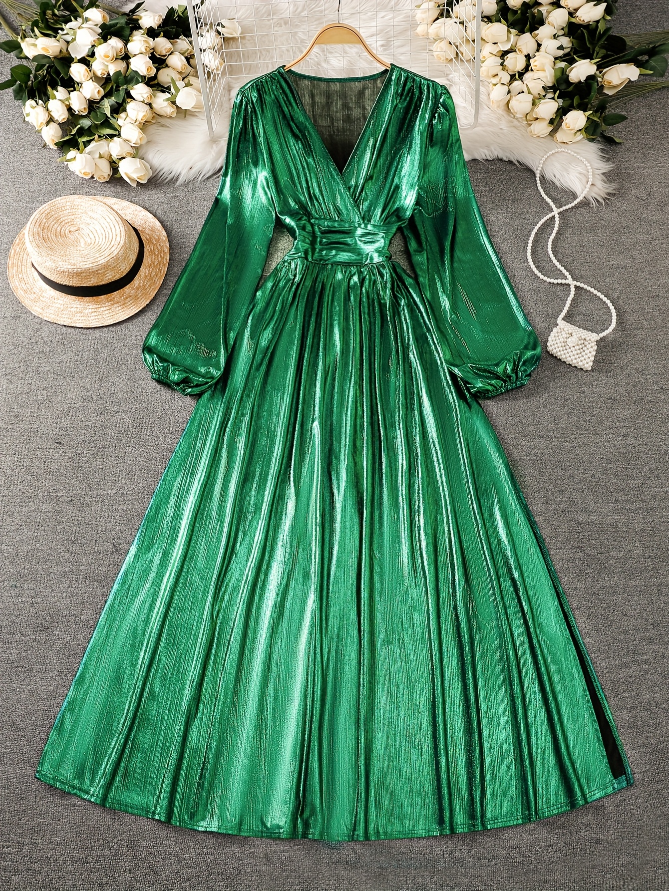 green emerald velvet dress Emerald Green Satin Long Sleeve Maxi Dress – Flabae