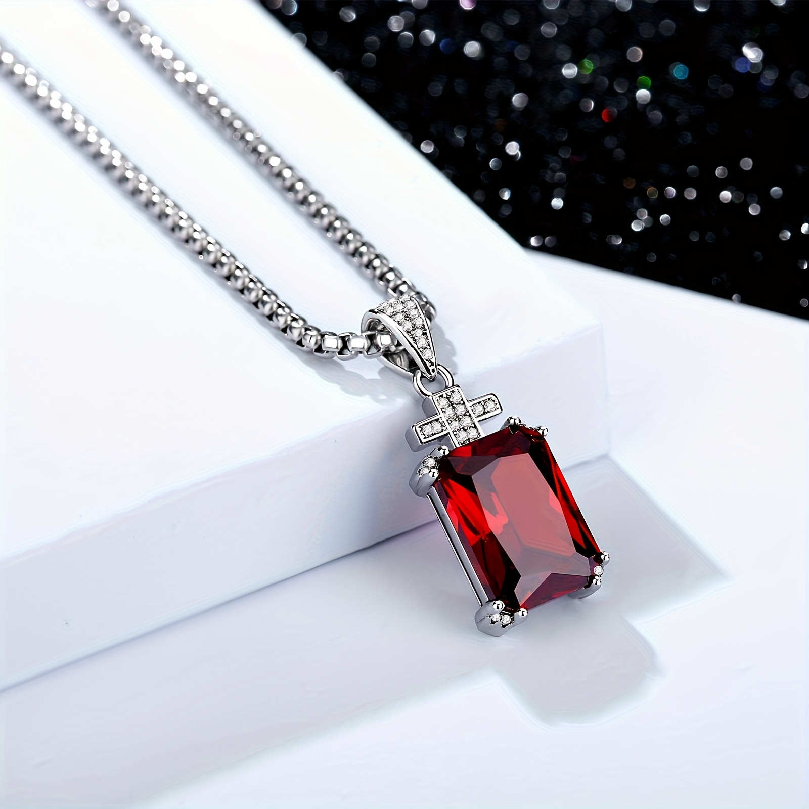 Men' Cross Necklace | 17.5ct Synthetic Gems Cut Cz Pendant | 24" 304l Stainless Steel Chain | Luxury Gift For Him