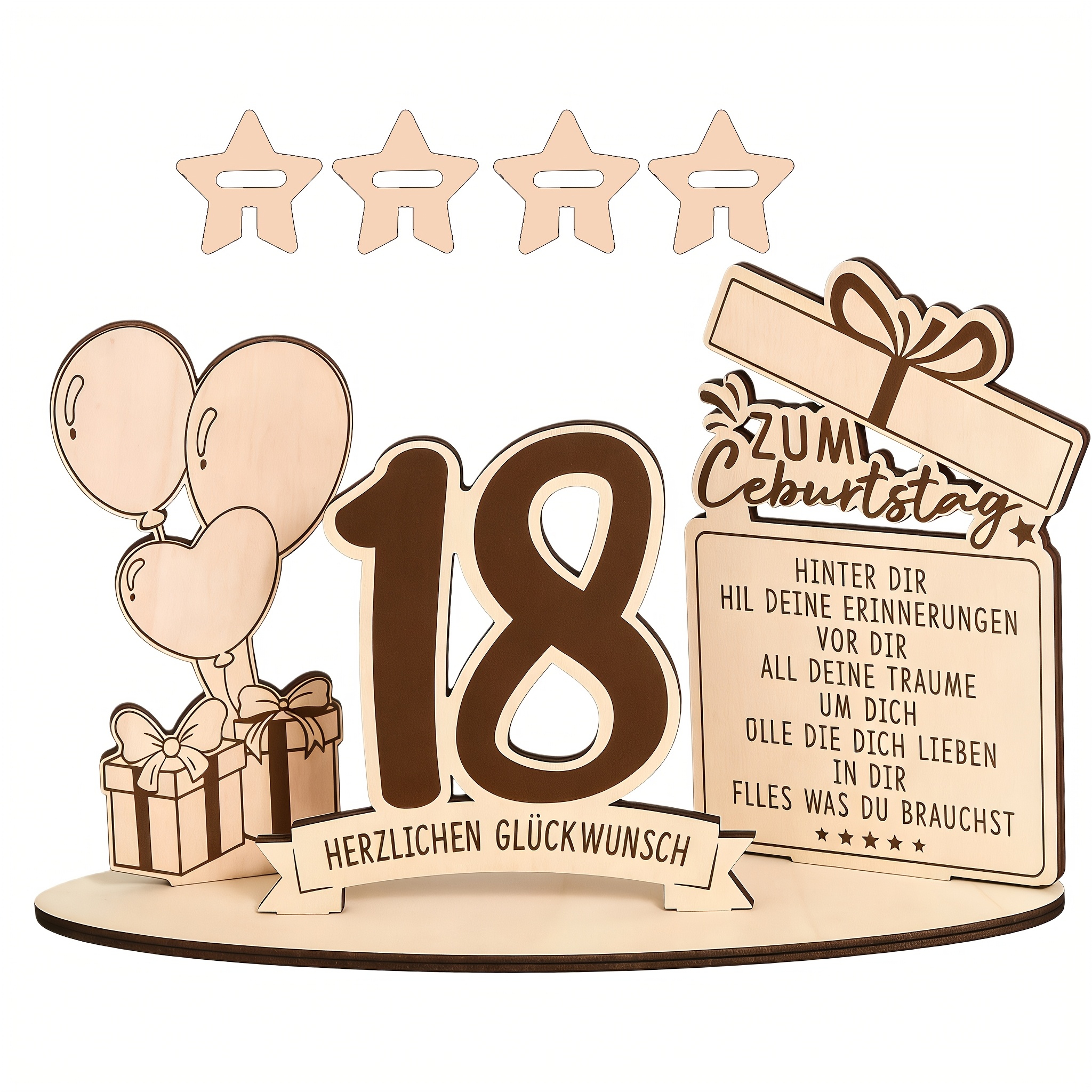 E-shop Gästebuch aus Holz mit "18" Schild, Tischdekoration, mit Geschenkbox- und Ballonelementen, deutsche Grüße, inklusive 4 Geldbügel, geeignet für
