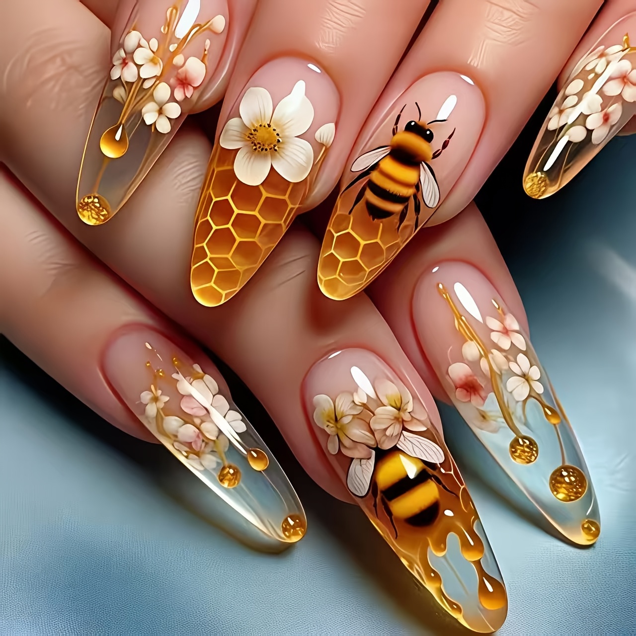 TEMU Fleur d'abeille douce printanière, nail art peint à , , dégradé, longue , 24 pièces