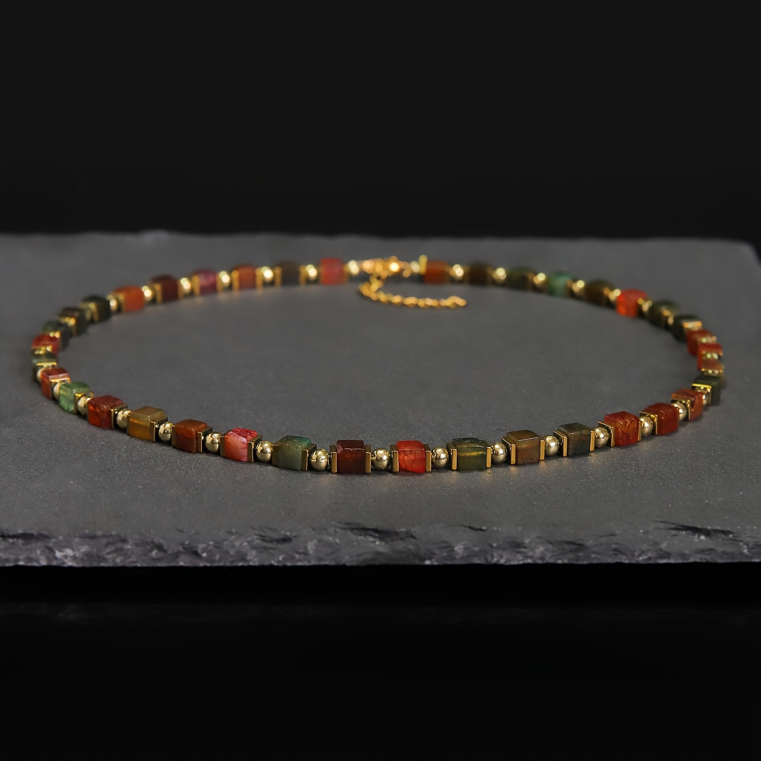 Hand-Strung Square Agate Beaded Necklace with Golden-Tone Accents