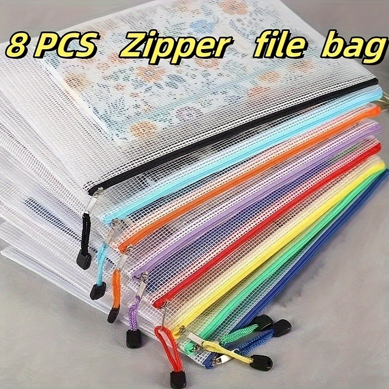 

8pcs A4 Mesh Zipper Pouches, Waterproof Document Bags For Organizing Board Games & School Supplies, Letter Size Storage Sleeves In 8 Colors