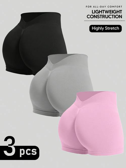 3pcs set solid color fashionable low womens sports shorts stretchy breathable fitness workout shorts tummy control body hugging yoga shorts womens yoga apparel