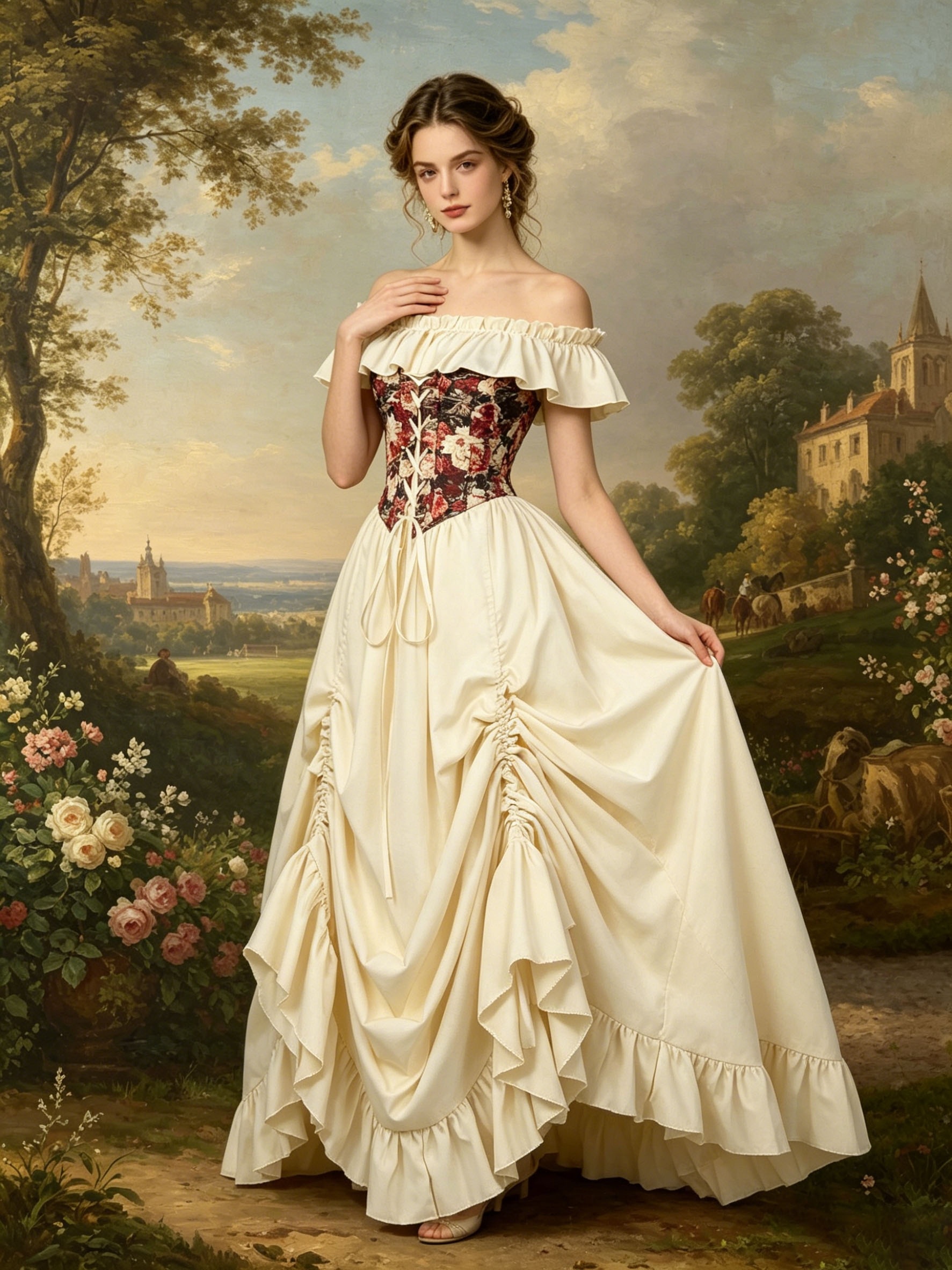 European-style Court Vintage Medieval Oil Painting Rose Print Cinched Waist Dress with Off-shoulder Ruffle Skirt, Tea Party Photo Shoot, Versatile Long Dress