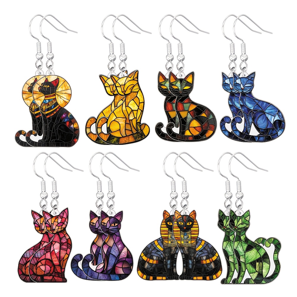 TEMU 2d Flat, 2d 8 Pairs Mosaic Cat Dangle Earrings, Cute Acrylic Cat Earrings In Artistic Stained , Vibrant Colors And For Women And, Perfect For Casual Wear, Parties, And Lover Gifts