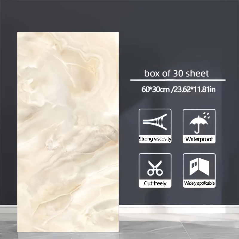 Image of A Box Of 30 Self-adhesive Pvc Wall Stickers - Removable Tile Stickers With Realistic Texture, No Residue, , Suitable For Bathroom Walls, Kitchen Renovation, Glossy Surfaces, Convenient Installation