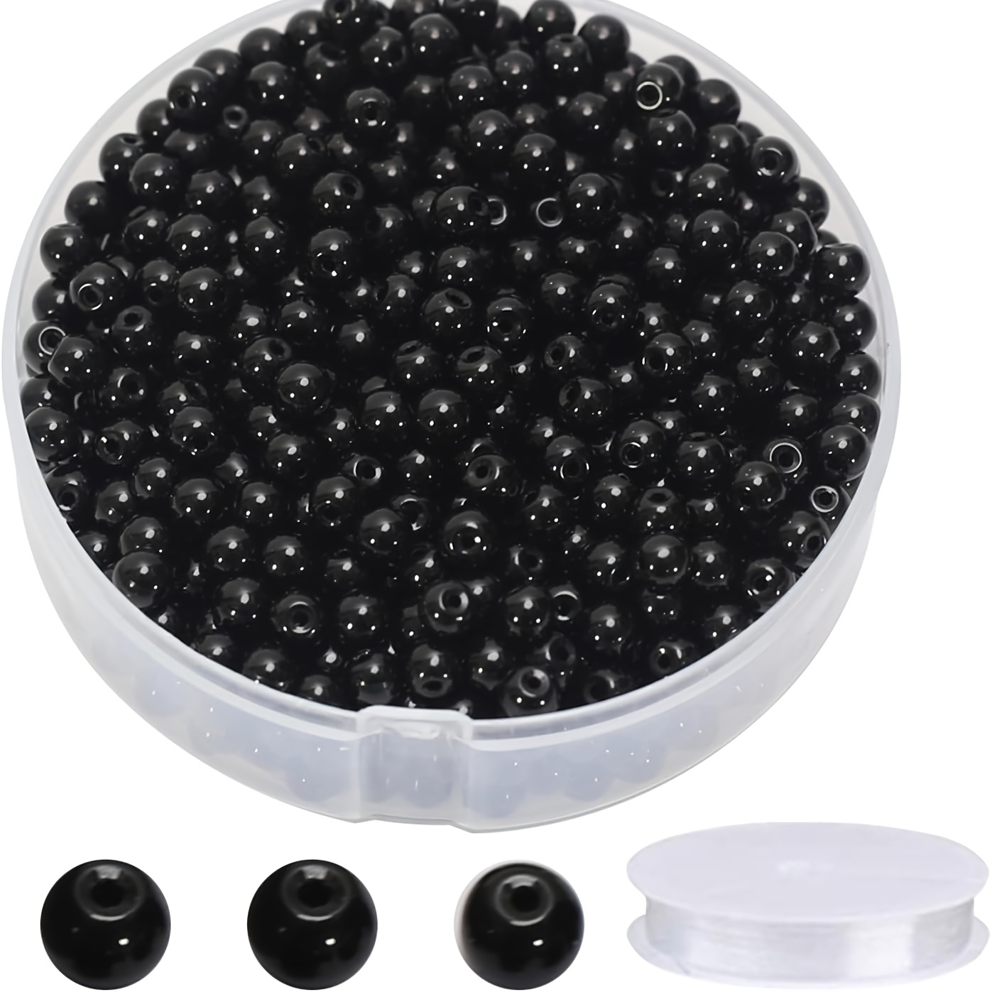 TEMU 600pcs Perles Rondes Noires en Acrylique Faites à de 6m avec un Rouleau de Fil à Perler, Perles Lisses pour la Fabrication de Bracelets, ,