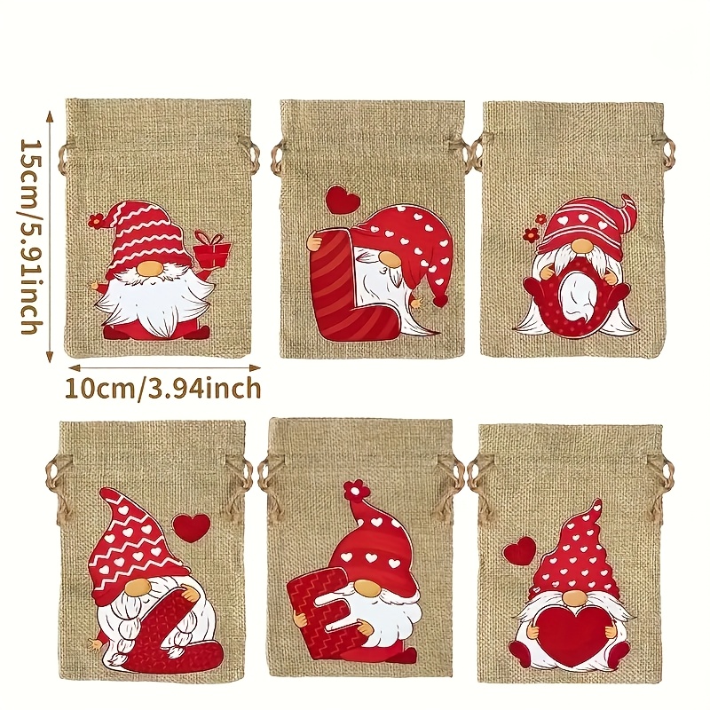 Gift For Her/him 6pcs For Party Drawstring Gift Bag Christmas Gnome Drawstring Gift Bags - Heart Patterns, Perfect For Party Favors
