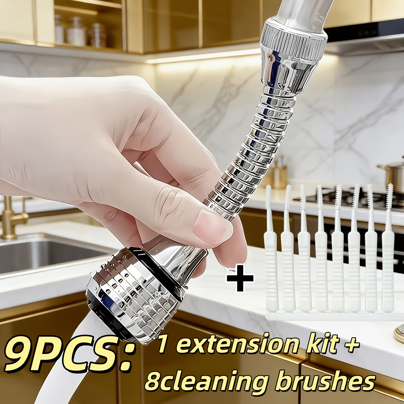 TEMU 9pcsnon-stop Rotating Faucet Extension Kit (1 Extension Kit + 8 Cleaning Brushes)a Household Must-have, With Dual Adjustable Modes, Gentle