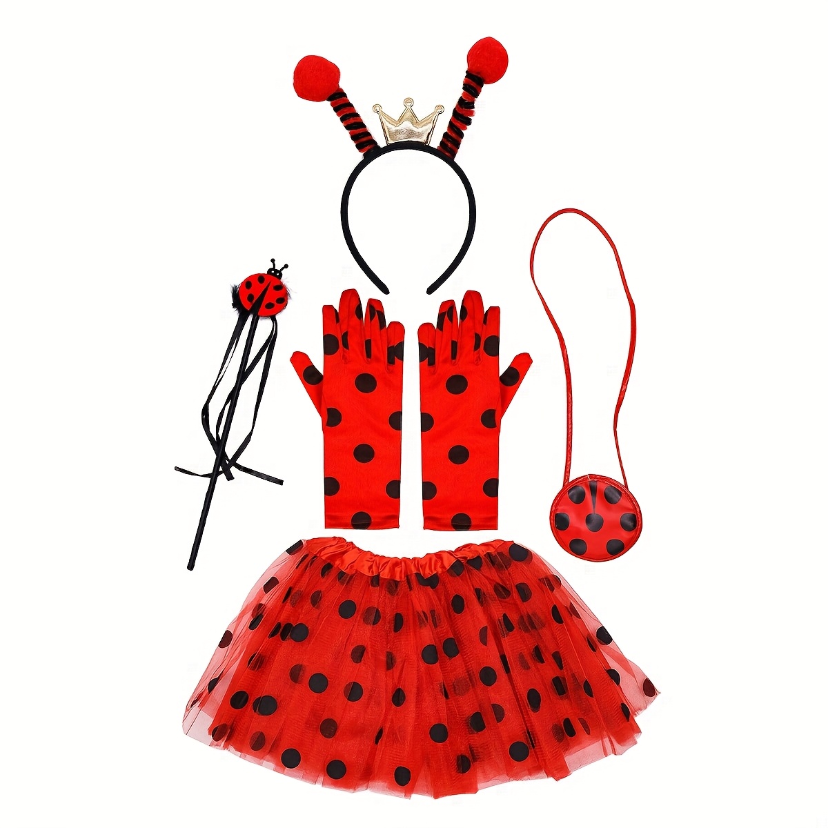 Image of Ladybug Crown Headband Magic Wand Black Red Polka Dot Short Skirt Gloves Bag Packaging Additions, Birthday Party Headpiece Gloves Bag Skirt Combination