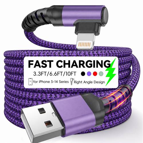 right angle fast charging cable for iphone charger 90 degree nylon braided cable compatible with for iphone 14 13 12 11 pro max xs xr 8 7 plus ipad