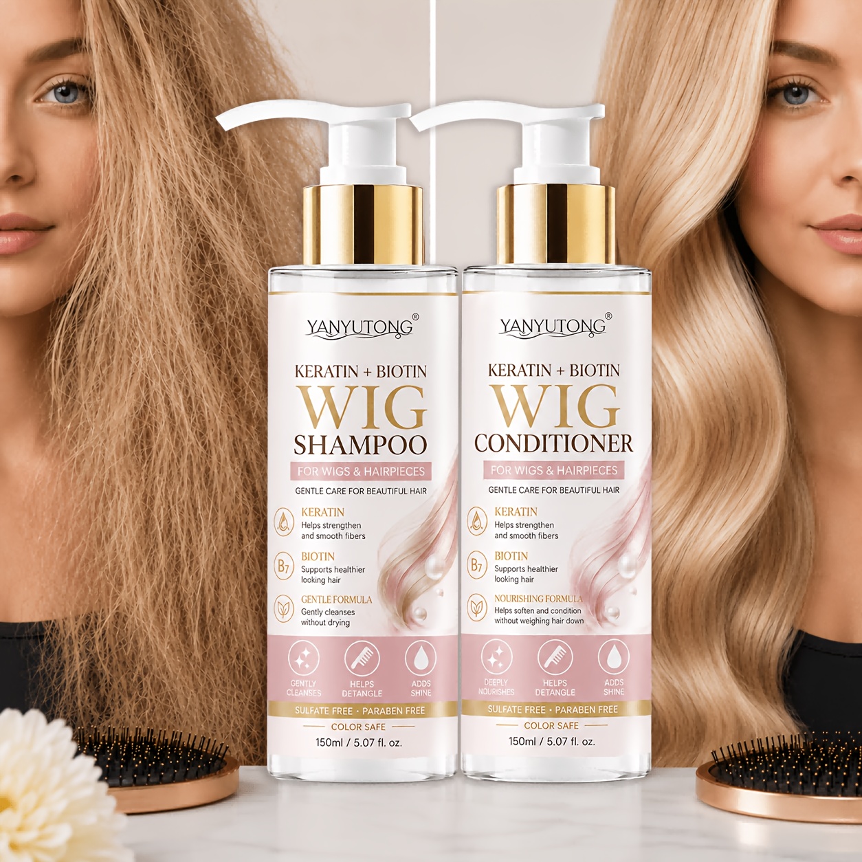 Keratin Biotin Shampoo & Conditioner Set For Human Hair Wigs - Sulfate-free, Strengthening & Care. Repairs Dry & Split Ends, Long-lasting Scent. Essential For Lace Wigs, Extensions & Hair Pieces.