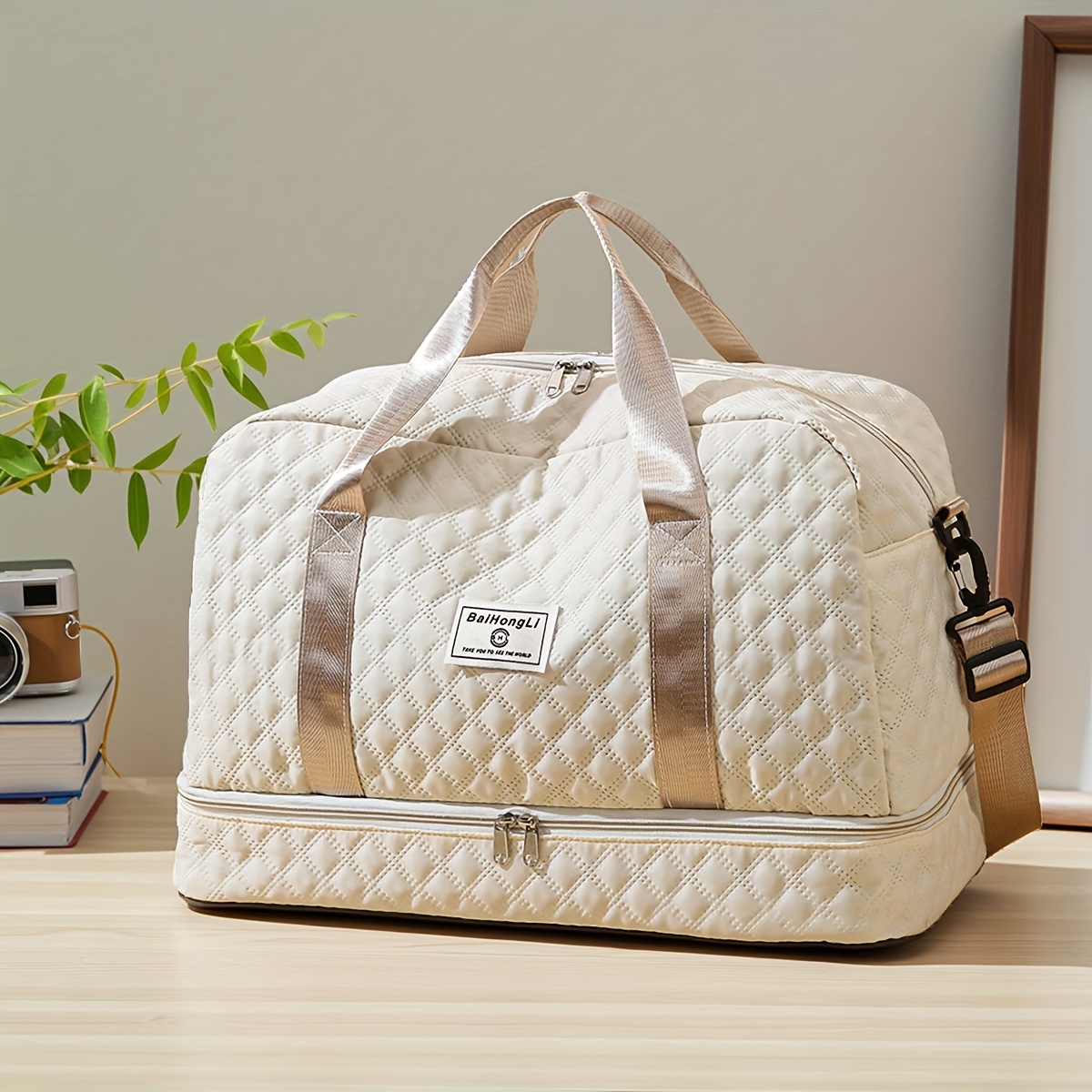TEMU Nylon Travel Duffel Bag, Large Capacity, Solid Color, Zipper Closure, Handheld Or Shoulder Carry, With Black And Beige Options, For Outing And Weekend Trip