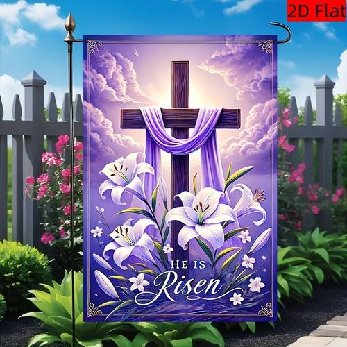 Bandera de Jardín Inspiradora de Pascua "Ha Resucitado" | Poliéster de Doble Cara con Diseño de Cruz y Lirios, Perfecta para Decoración Exterior en Todas las Estaciones, 12.0x18.0 pulgadas, No Incluye Poste