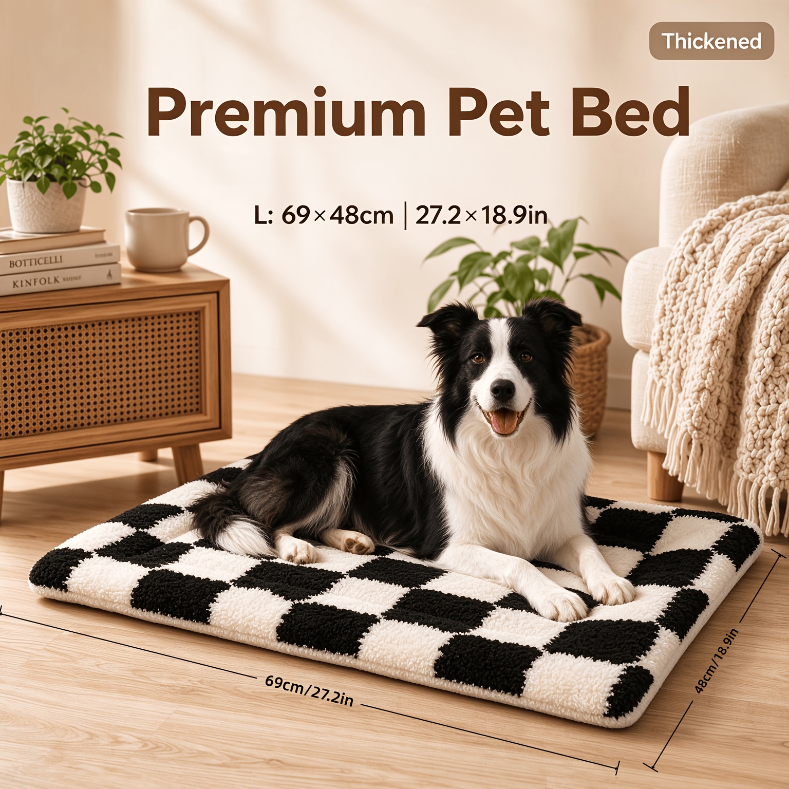TEMU Thickened Black And White Checkered Plush Pet Bed Mat, Universal Warm Pad For Cats And Dogs
