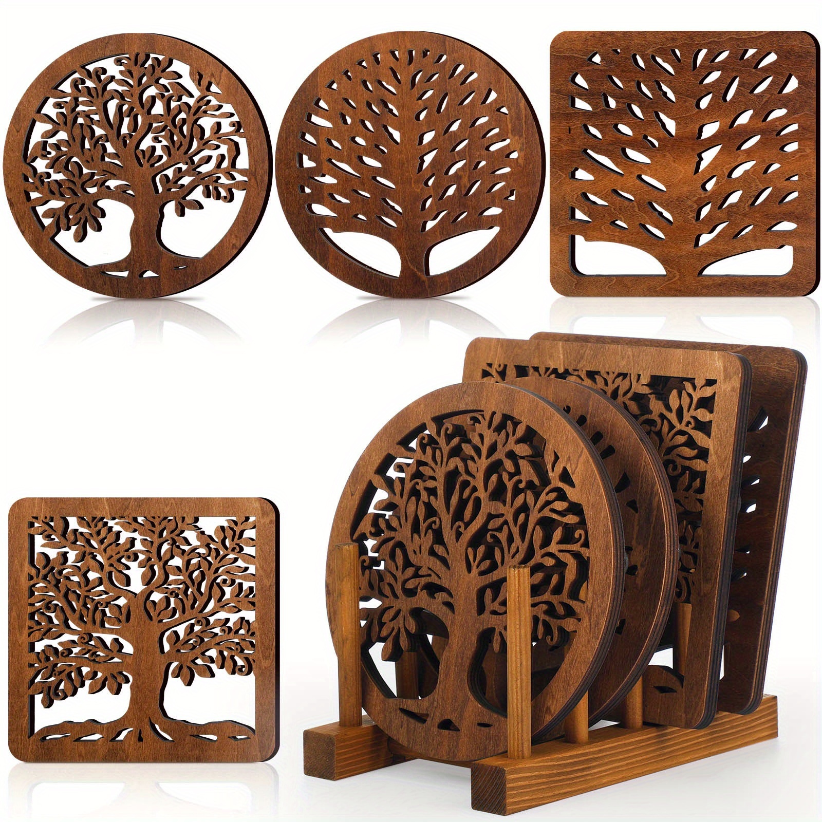 TEMU Set Of 5 Wooden Trivets Shaped Like A Life Tree, Complete With A Storage Rack. Heat-resistant Mats Are Perfect For Placing Hot Dishes, Pots, And