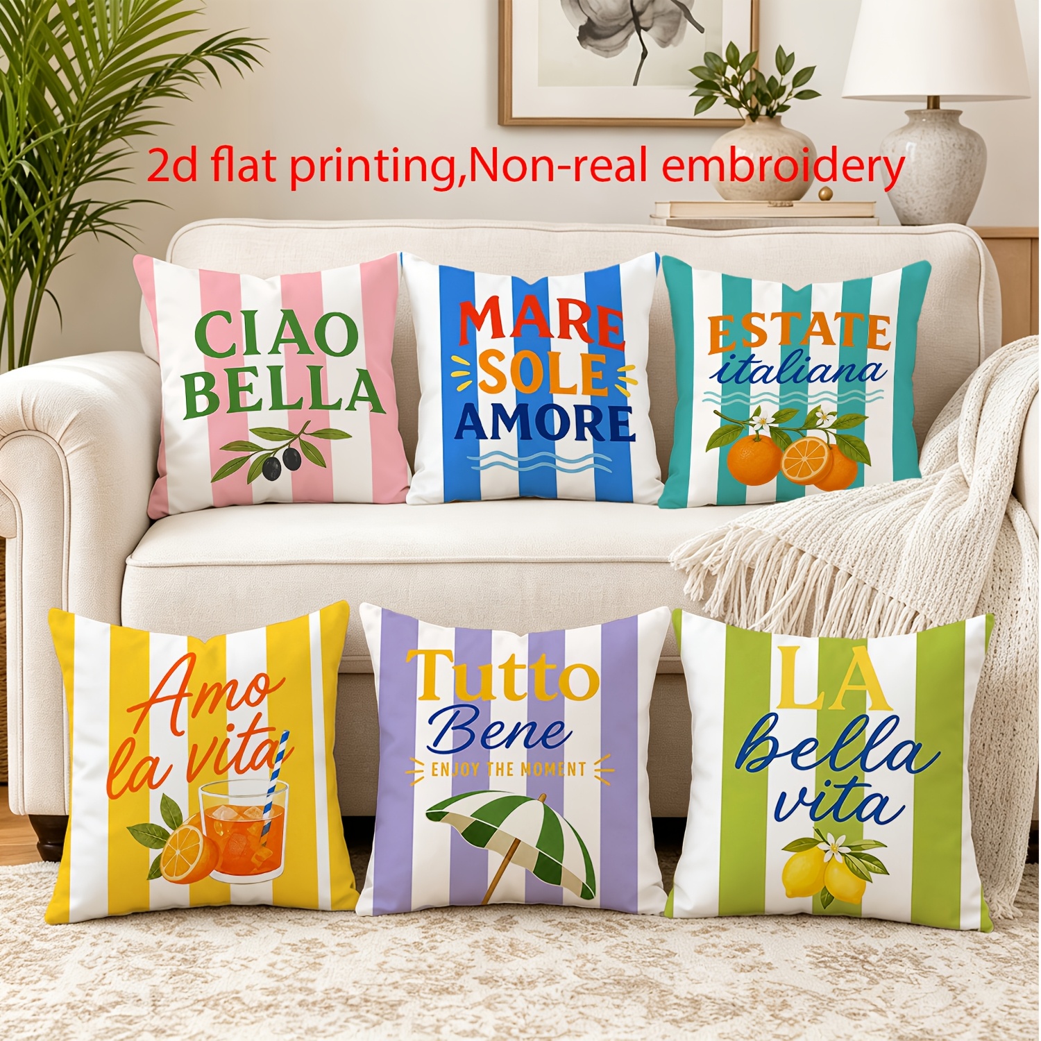 TEMU 2D Flat - 6-teiliges Set, 2D Flat bedruckte Kissenbezüge im mediterranen Stil, dekorative Kissenbezüge für den Außenbereich, italienische