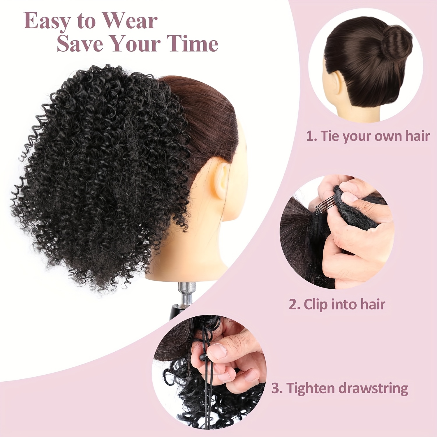afro   ponytail 10inch short ponytail extension 1b tgrey 2pcs drawstring ponytail for women synthetic hairpieces   curls afro puff ponytail extensions details 3