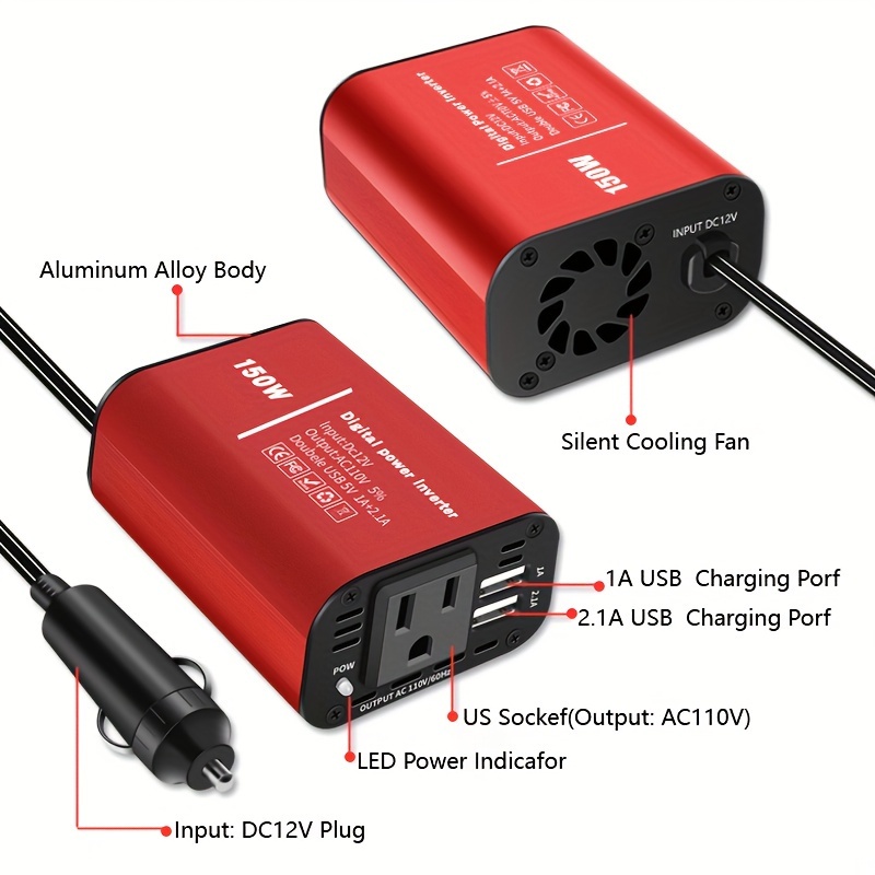 

Car Power Inverter Dc 12v To Ac 110v For Convenient Travel - 150w Car Power Converter Charger With 2.1a Dual Usb Outlets - Fast Charge For Phone, , And Other Devices