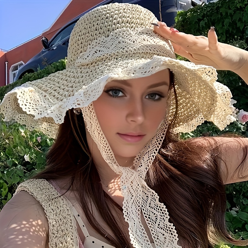 

Women's Elegant Summer Sun Hat, Handmade Woven Straw With Lace Trim, Wide Brim Bucket Hat For Beach Vacation Sun Protection