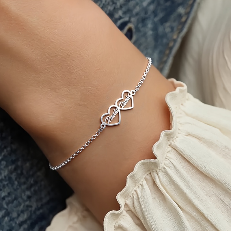 TEMU Personalized 2 Names Heart Charm Bracelet - 304l Stainless Steel Custom Engraved Hearts Jewelry, Valentine's Day Anniversary Gift For Couples,