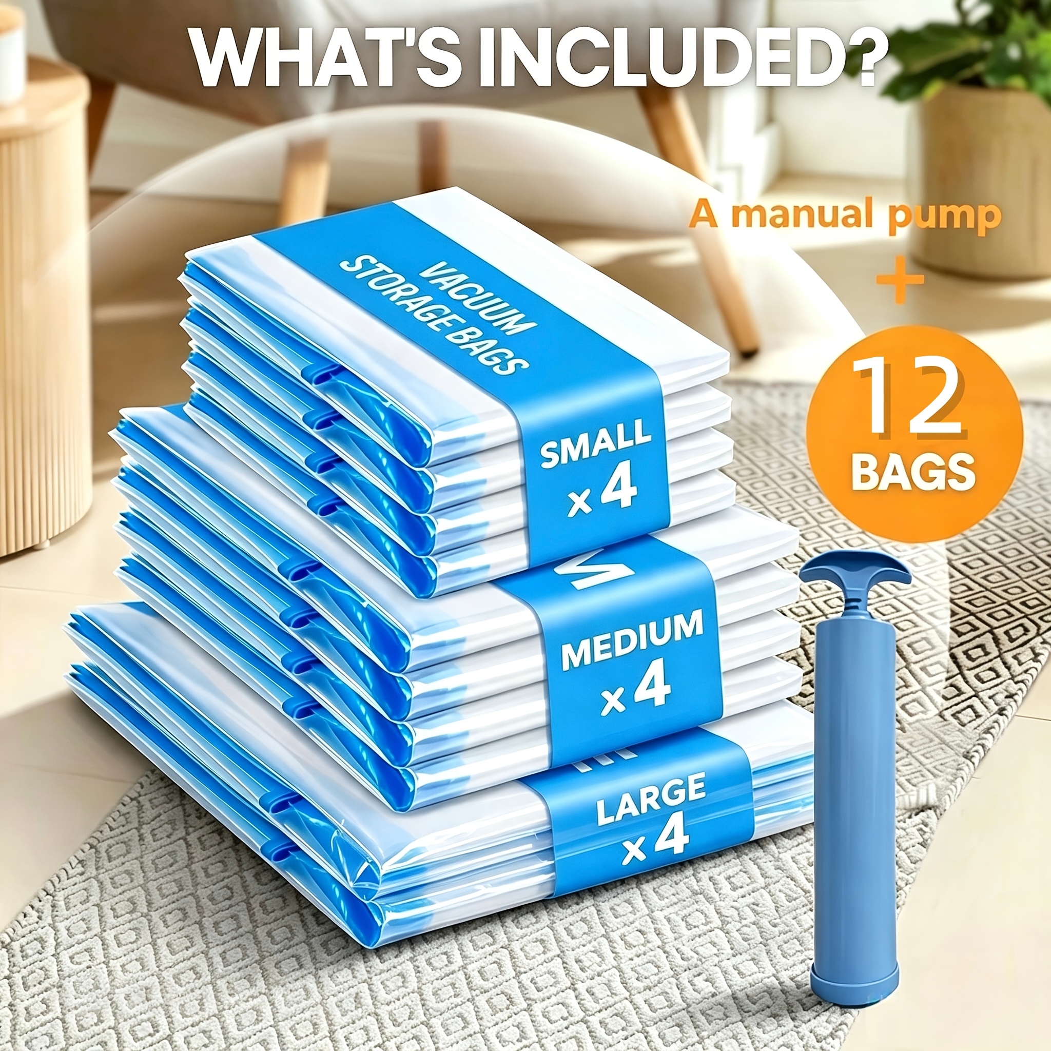 Image of 12pcs Vacuum Seal Bags Set With Portable Manual Pump - Large + Medium + Small + Manual Pump - For Bedding, Clothes, Travel, Luggage Vacuum Bags, Thicker Items, No Power Required