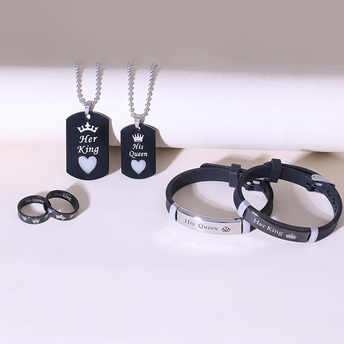 6pc Luminous Love Crown Couple Necklace Bracelet Set