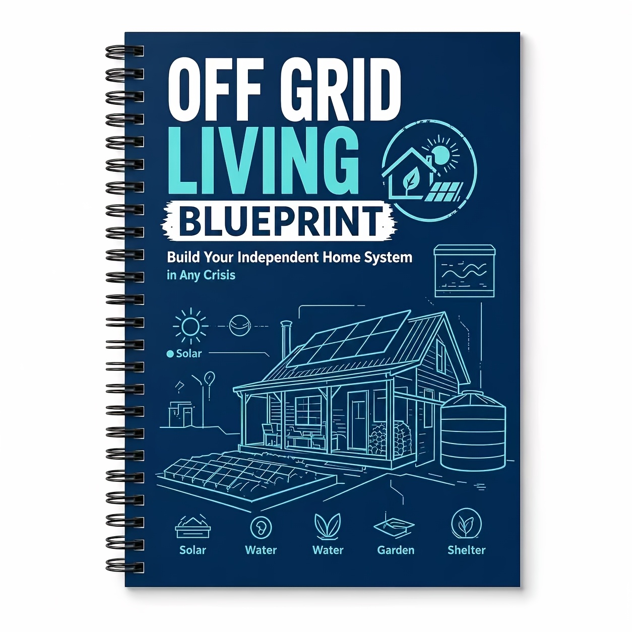 TEMU Off-grid Projectdagboek met Blauwdruk-esthetiek, met Schetsafdrukken van Zonne-energie, Water, Tuin en Onderkomen, Ideaal voor het Loggen van