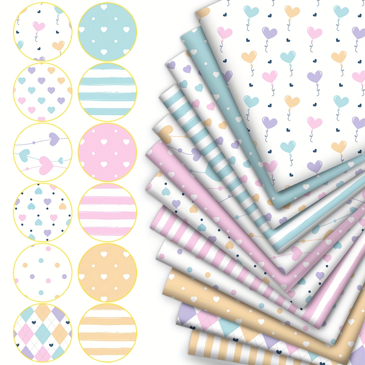 12pcs Pastel Heart 12pcs Styles Fat Eighth Fabric Bundles, Polyester Quilting, For Quilting, Craft Projects, Wallet Making, Gifting, Doll Clothes, Bag Making, Pillow, 120g/ms, 9.45 X 20inch