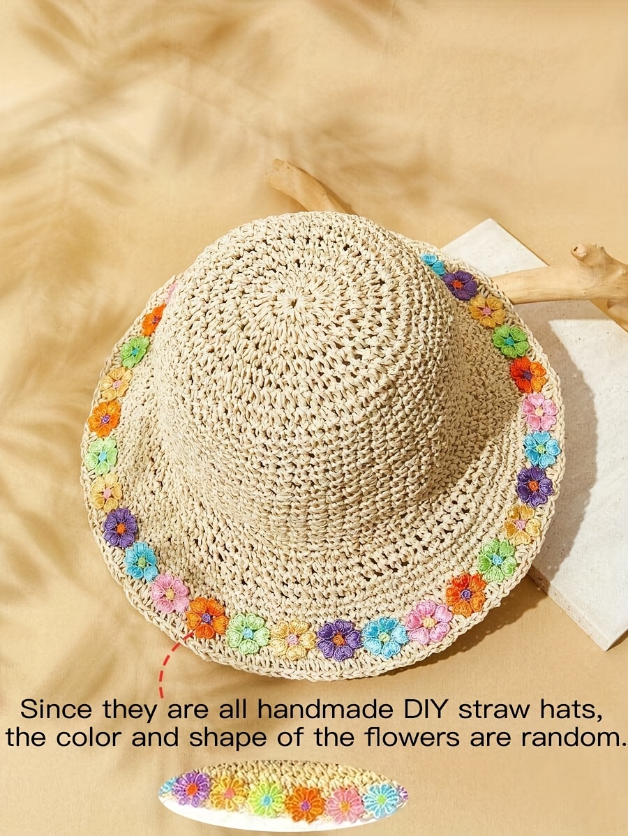 handmade straw hat colorful daisy flowers beige foldable Temu