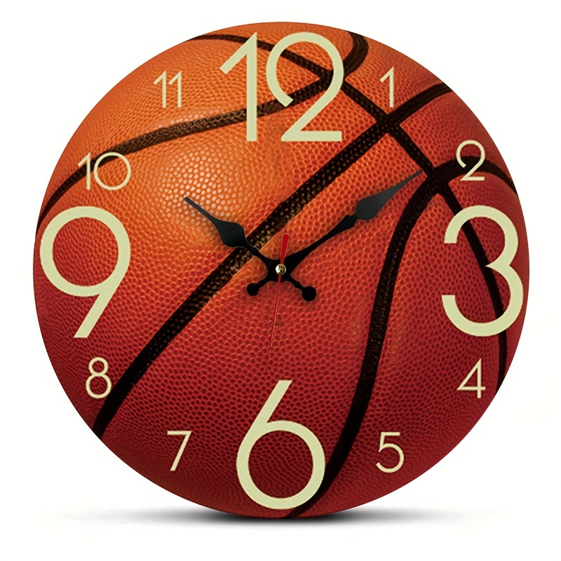 

1pc Silent Basketball Wall Clock - Wooden Round Non-ticking Decorative Clock For Bedroom, Living Room, Office, Kitchen, Bathroom - Flat Crown, Single Aa Battery Operated (not Included)