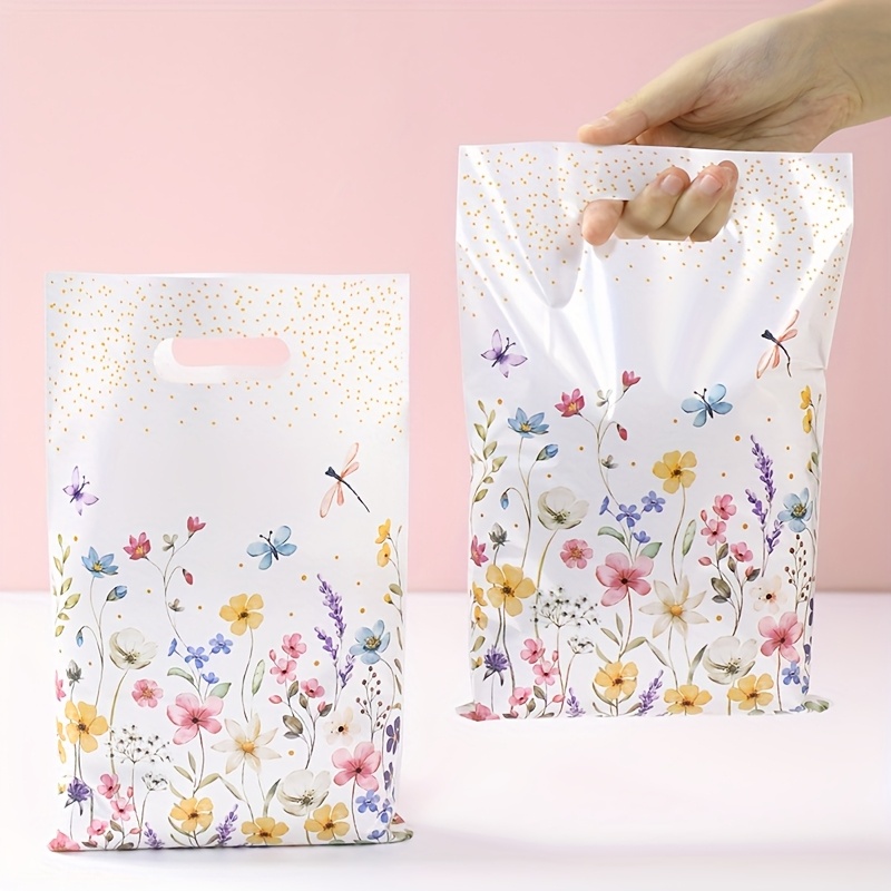 

10/25/50pcs, Wildflowers Theme Plastic Gift Bags With Design - Punch Hole Handle, Mother's Day, Weddings, Birthdays