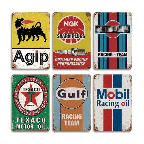 6er-pack vintage-metall-tinschilder - klassische öl- & gasstation-aufsteller, retro-garage- & man cave-wanddekoration, mehrzweck-wandhängung, englische text, 20.32x30.48 cm